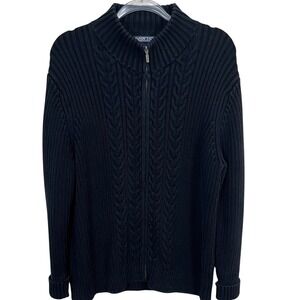 Lands'‎ End Navy Blue Cable Knit Full Zip Fisherman Sweater Size Large
